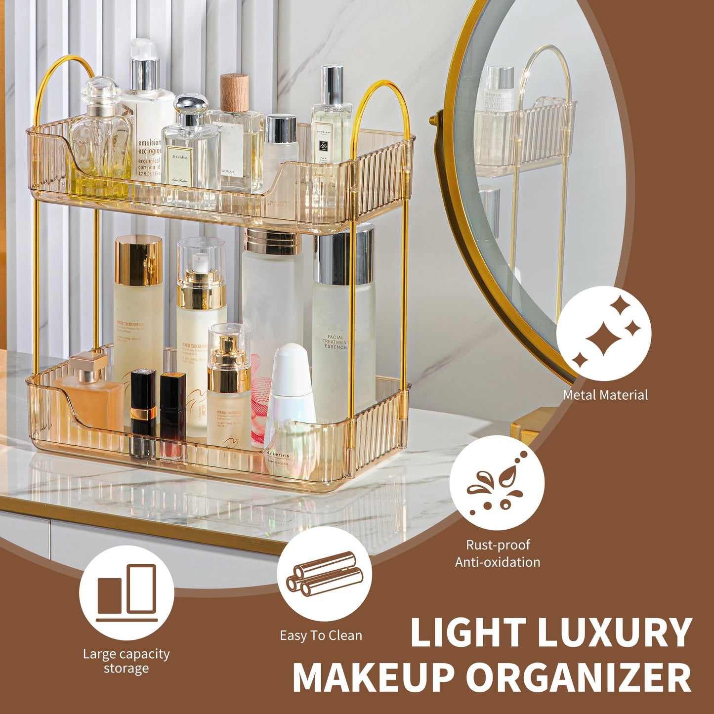 Bathroom Organiser Countertop, Vanity Trays for Bathroom, Skincare Makeup Organiser Shelf, Vanity Organiser, Bathroom Counter Shelf for Cosmetics, Toiletries, Lotions, Perfumes (2 Tiers, Amber)