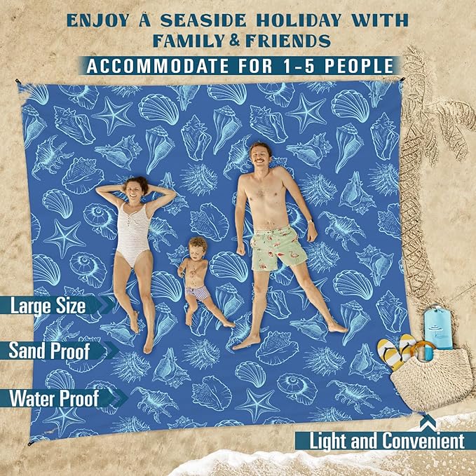 Beach Blanket Sandproof Waterproof 78''×81''1-5Adults Oversized,Compact Lightweight Durable Beach Mat for Travel Camping Hiking Picnic Blanket