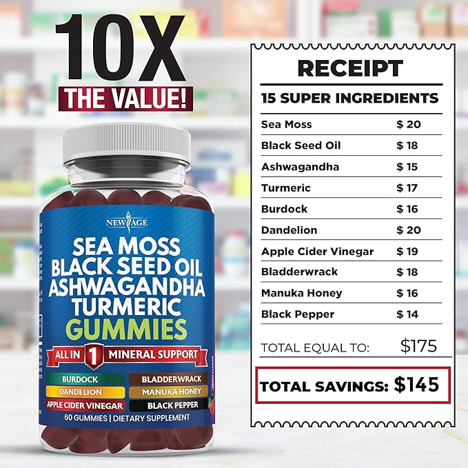 Sea Moss Gummies, Sea Moss, Black Seed, Ashwagandha, Turmeric, Manuka Honey, ACV, Dandelion, Black Pepper, Burdock, Bladderwrack, Vegan - 120 Count
