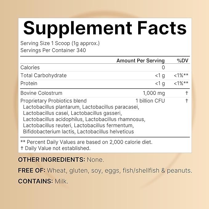 Instant Colostrum Powder 1,000mg with Probiotics, 12oz (340 Servings) | Grass Fed Bovine Source from Mother's First Milk – Bioactive IgG + 1 Billion CFU – Immune & Gut Health Supplement – Unflavored