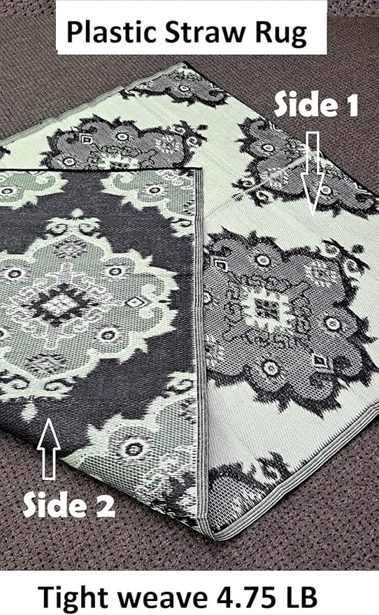 BalajeesUSA Recycled Outdoor Plastic Patio Rugs – 6x9, Grey, Green, Black, Premium and Affordable Multipurpose Woven Plastic Straw All-Weather and Waterproof, Reversible Camper Mats Outside