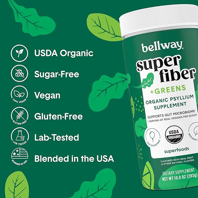 Bellway Super Fiber + Greens Powder, Sugar-Free Psyllium Husk Fiber Supplement Powder with Super Greens (30 Servings)