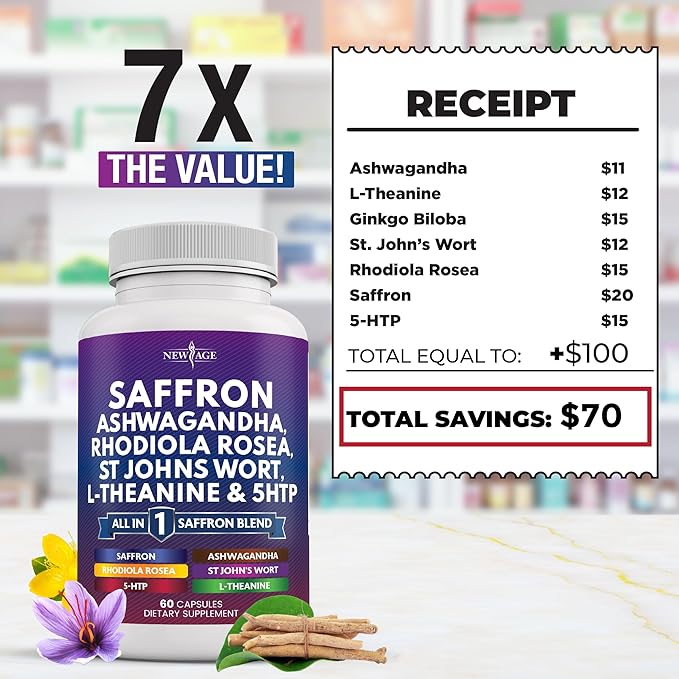 NEW AGE Saffron Supplements with Ashwagandha - Support with L-Theanine, Ginkgo Biloba, St. John's Wort, Rhodiola Rosea & 5-HTP - Saffron 60 Count