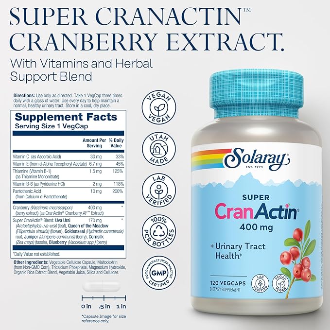 SOLARAY Super CranActin Cranberry Extract 400mg Healthy Urinary Tract Support with Added Vitamins