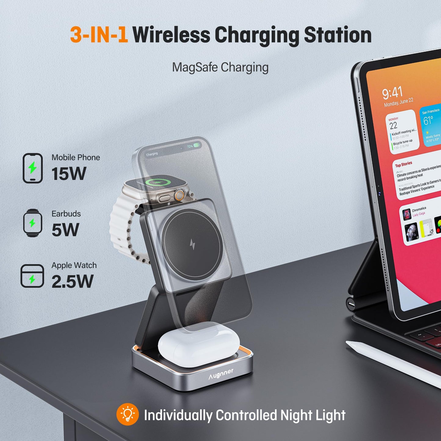 【2025 Upgraded】Magnetic Wireless Charger 3 in 1, Travel Foldable Wireless Charging Station with Night Light for Apple MagSafe Charger, Nightstand Fast 15W Charging Station (20W Adapter)