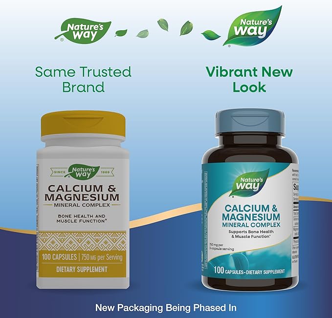 Nature's Way Calcium & Magnesium Mineral Complex, Supports Bone Health & Muscle Function,* 750 mg per 3-Capsule Serving, 100 Capsules (Packaging May Vary)