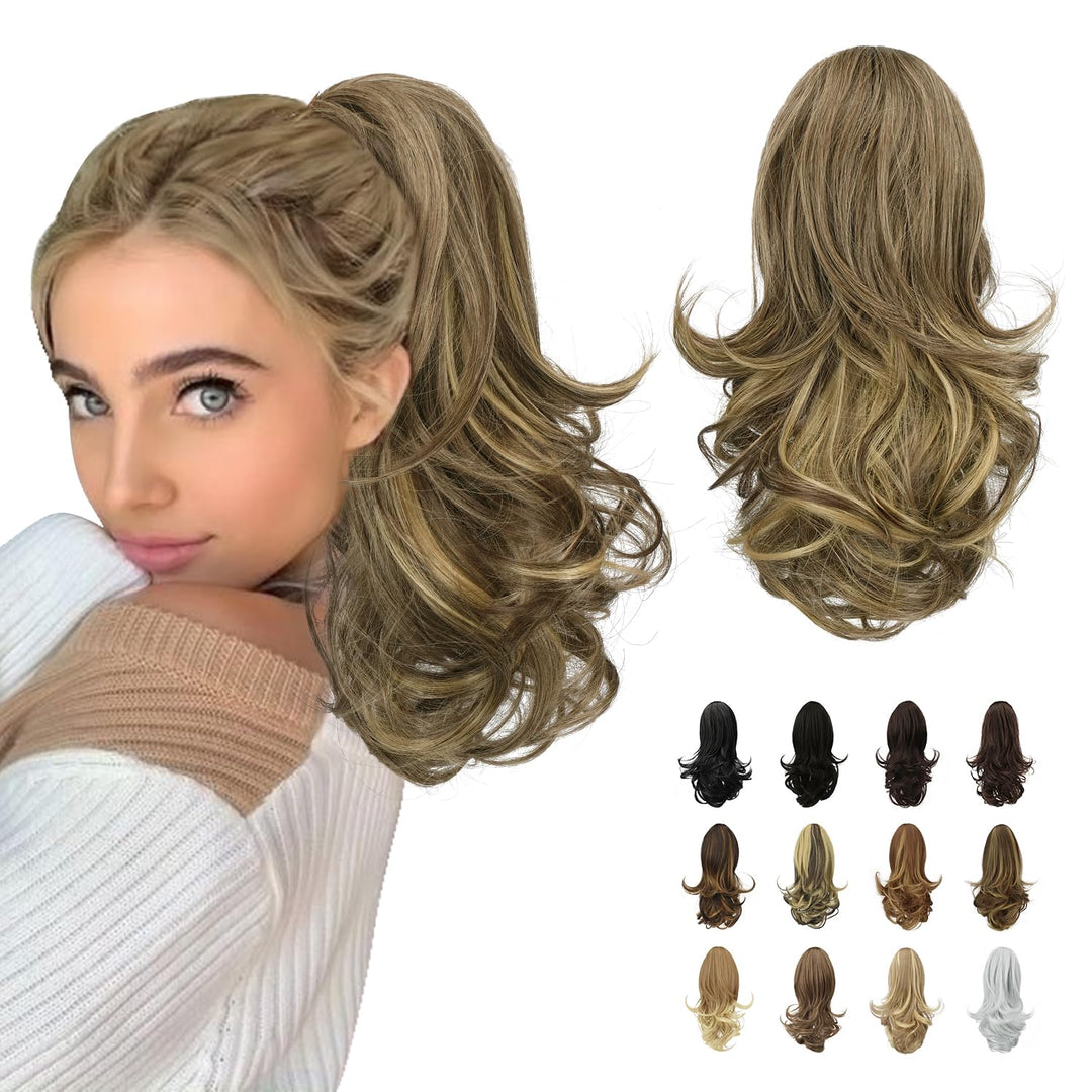 SOFEIYAN 13" Ponytail Extension Long Curly Ponytail Clip in Claw Hair Extension Natural Synthetic Hairpiece for Women, Blonde & Brown