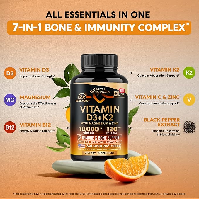 Vitamin D3 K2 - Vitamin D3 10000 iu & K2 as MK-7 120 mcg - Immune & Mood Support, for Bone & Teeth Health - with Magnesium, Zinc & Vitamin C & B12 - Highly Bioavailable - Made in USA, 240 Capsules
