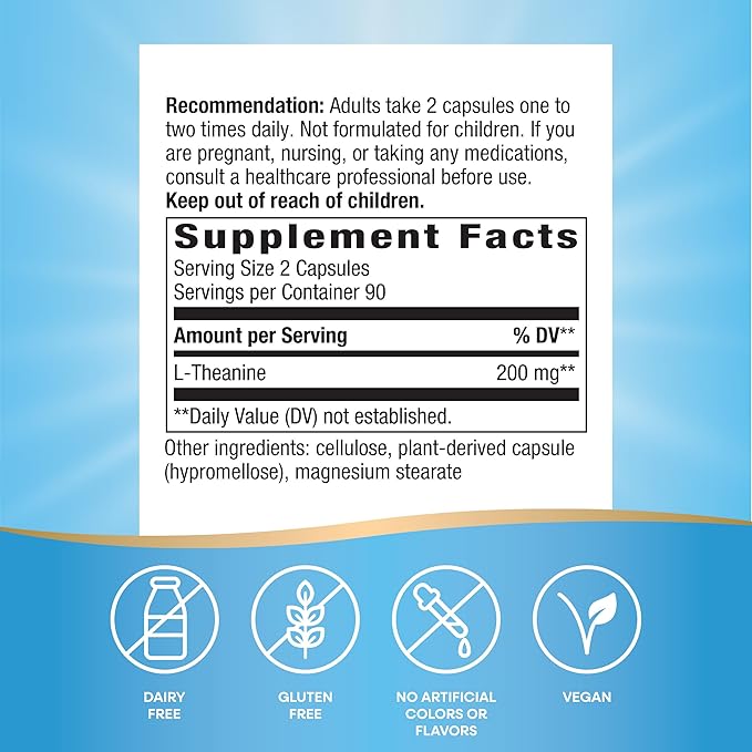 Nature's Way L-Theanine, Stress Support*, Promotes Relaxation*, 200 mg per 2-Capsule Serving, Vegan, 180 Capsules