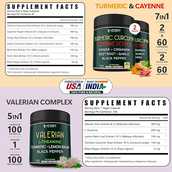 Bundle 7in1 Turmeric Curcumin & 5in1 Valerian Root Supplement - Support Digestion, Heart Health, Immune and Relaxation