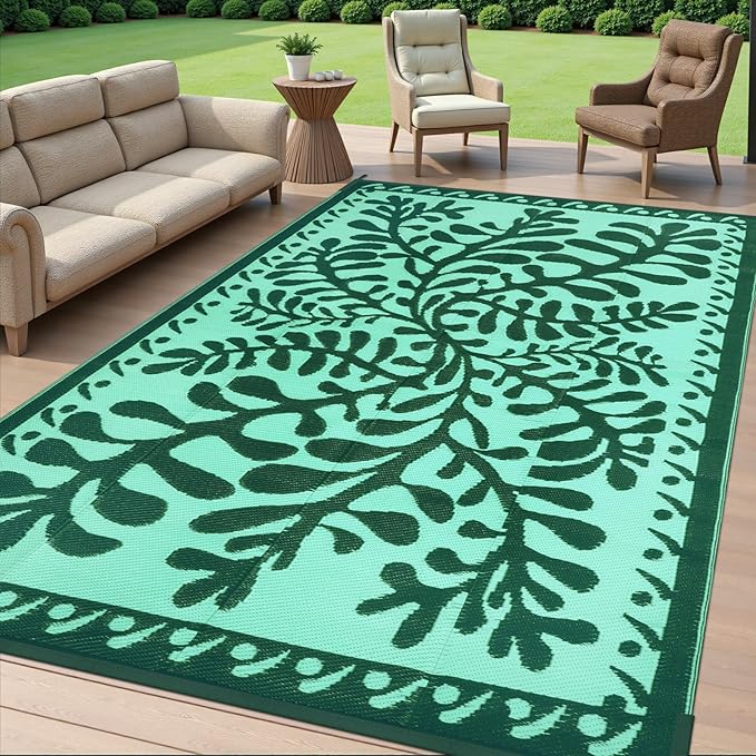 Anidaroel Outdoor Rugs 6x9 for Patios Clearance, Waterproof Reversible Plastic Straw Outside Area Rugs, Outdoor Camping Mat for RV, Porch, Balcony, Pool Deck, Picnic (Green,6‘x9')