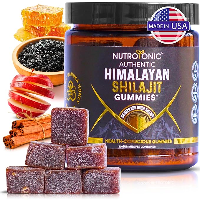 NutroTonic® Organic SHILAJIT Gummies | Apple Cinnamon Flavor | No Added Sugar, Sweetened by Manuka Honey | Clean Formula | Natual Source of Urolithin | Heart, Brain, Cellular Health | 30 Gummies