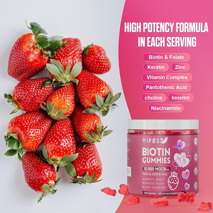 Biotin Gummies for Hair, 120 Sugar Free Gummies Skin and Nails - Extra Strength 10,000mcg, Vegan Vitamins for Men & Women, Supports Faster Hair Growth and Stronger Nails