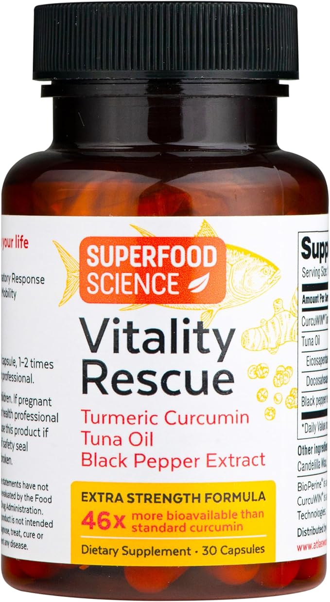 Vitality Rescue, Fish Oil DHA EPA Omega 3 and Turmeric Supplement w/Bioperine, CurcuWin 46X Superior Absorption Curcumin to Support Workout Recovery, Joint, Muscle, Cardio & Brain Health, 30 Capsules