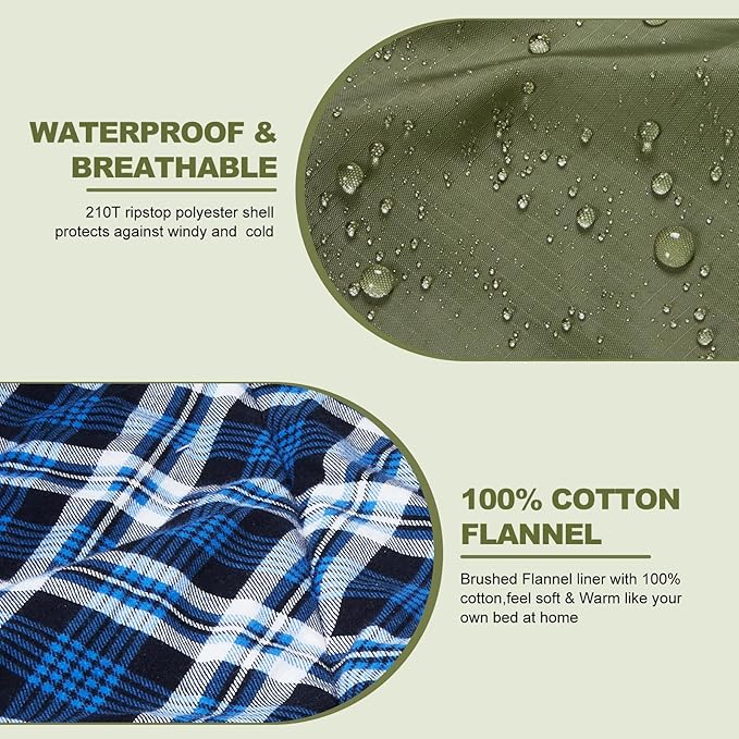 AGEMORE Cotton Flannel Double Sleeping Bag with Fleece Lined Hood, Waterproof Queen Size 2 Person Sleeping Bag for Adults Cold Weather Camping Backpacking or Hiking, 3-4season