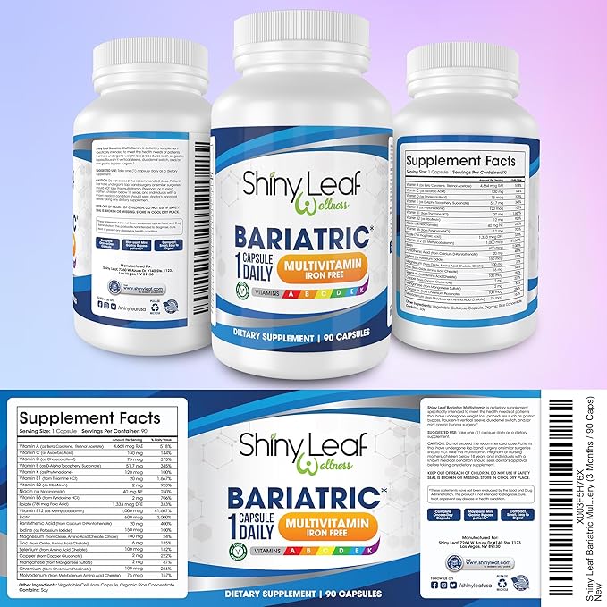 Shiny Leaf Bariatric Multivitamin Without Iron - Vitamins for Gastric Bypass & Sleeve, 1 Daily Capsule W Vitamin A, C, D, Biotin, Zinc, B12, K, Vegetarian, Soy-Free, GMP Cert., Made in USA (60 Ct.)