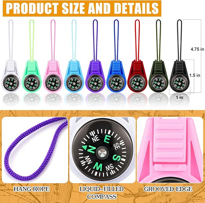 27PCS Mini Compass for Kids Hiking Small Compass Keychain Bulk, Cute Kids Scout Pocket Compasses for Party Favor Survival Kits Watchband Bracelet Necklace Keychain (9 Colors)