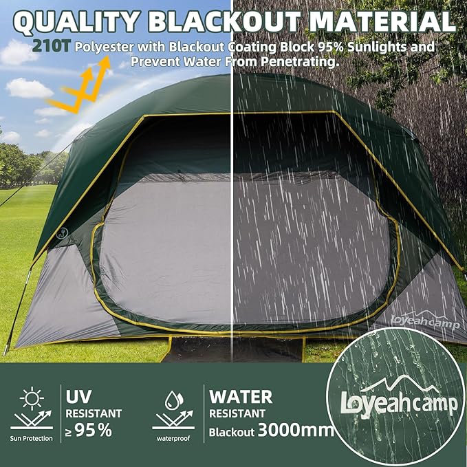 4 Person Blackout Camping Tent, Easy Setup Waterproof Family Dome Tent for Camping with Rainfly, Portable Double Layer Large Family Tent for Outdoor Camping&Hiking