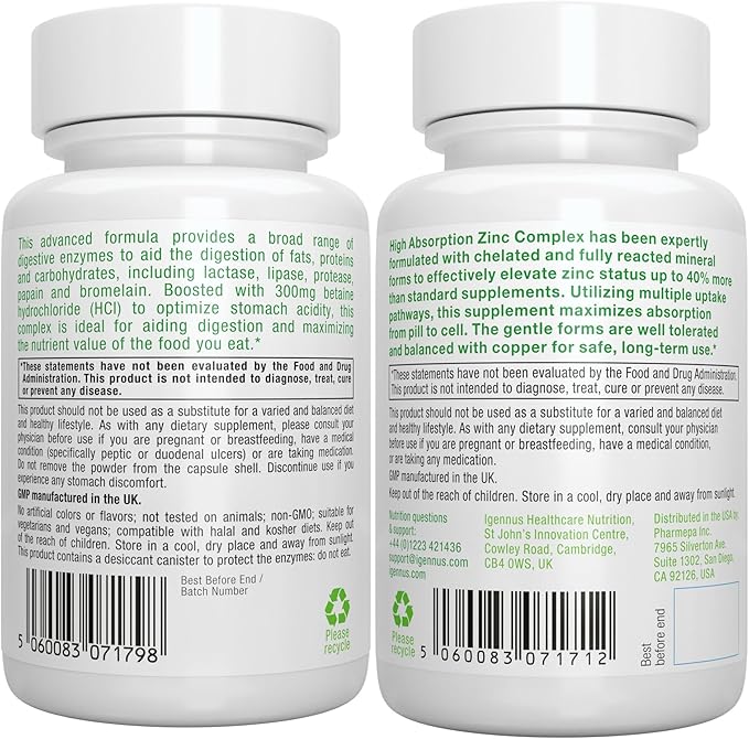 Advanced Digestive Enzymes & Betaine HCl + Zinc Complex 25mg Vegan Bundle, Digestive Aid with Chelated Zinc Picolinate & Bisglycinate, by Igennus