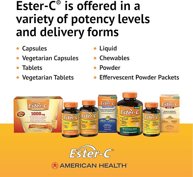 American Health Ester-C with Citrus Bioflavonoids Capsules - 24-Hour Immune Support, Gentle On Stomach, Non-Acidic Vitamin C - Non-GMO, Gluten-Free - 500 mg, 60 Count, 30 Servings