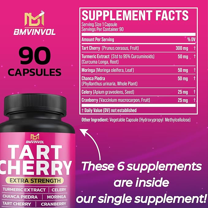 BMVINVOL Tart Cherry 20:1 Extract - Plus Moringa, Chanca Piedra, Celery, Cranberry Extract and More - 90 Capsules - 3 Month Supply