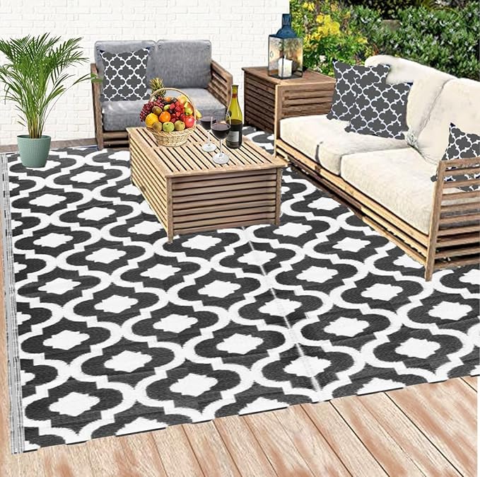 BalajeesUSA Outdoor Plastic Rugs - 6x9 Black, Reversible Recycled Plastic Straw Indoor Outdoor Patio Rugs Clearance Waterproof Large RV Camper Mats Outside 521