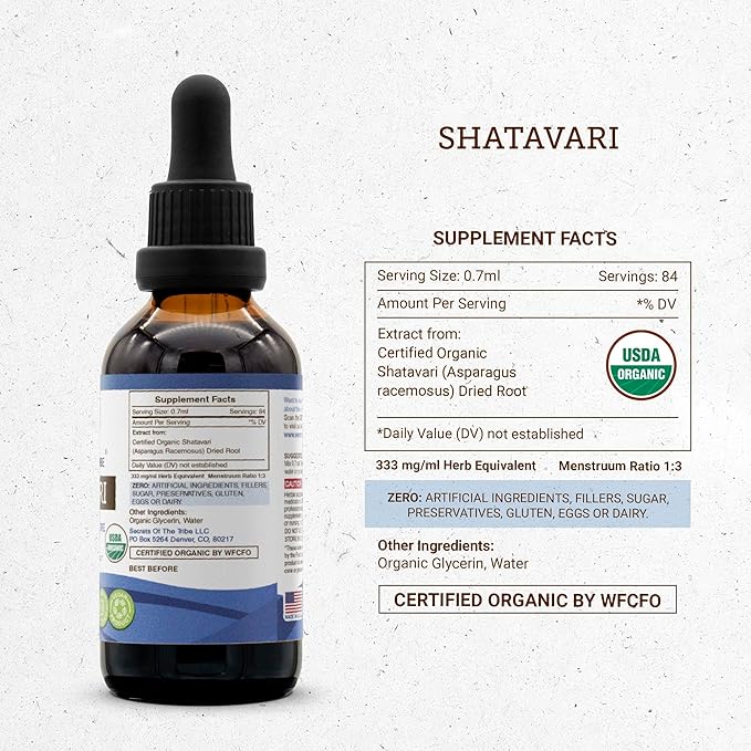 Secrets of the Tribe Shatavari USDA Organic | Alcohol-Free Extract, High-Potency Herbal Drops | Made from 100% Certified Organic Shatavari (Asparagus racemosus) Dried Root (2 oz)