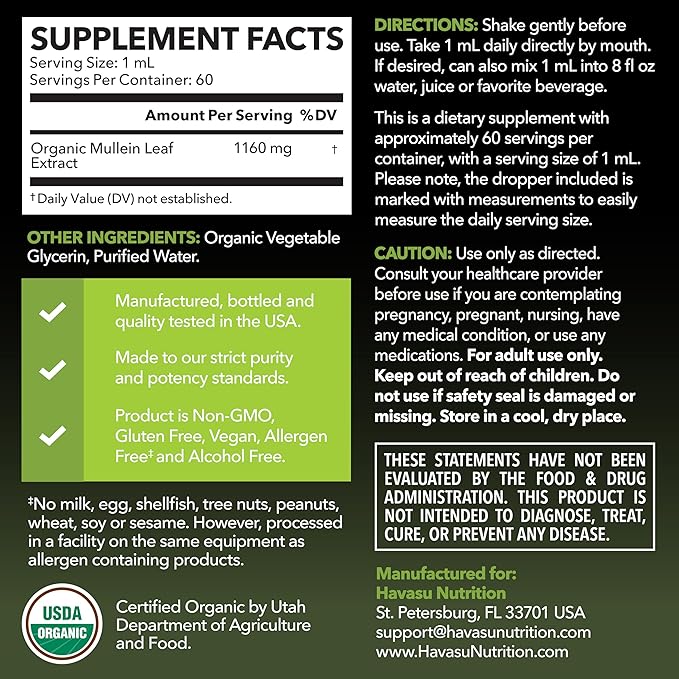 Mullein Drops for Lungs - USDA Organic Liquid - Respiratory Health and Lung Support Supplement - 2 Fl Oz - Vegan, Non-GMO, and Alcohol Free Formula - Daily Herbal Tincture - 2 Month Supply