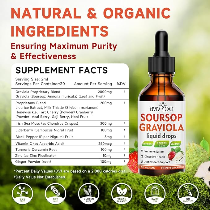 Soursop Graviola Liquid Drops for Cell Support & Regeneration, Immune Boost, Relax, Liver and Sleep, Soursop Bitters Liquid, Sugar/Gluten Free, Natural Strawberries Flavor - 4 Fl Oz (120ml) Bottle