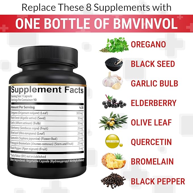 BMVINVOL Oregano Supplement | Black Seed, Garlic, Elderberry, Olive Leaf, Quercetin, Bromelain, Black Pepper - 8in1 Immune & Digestive Support 90 Capsules [3-Month Supply]
