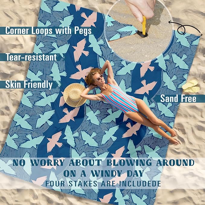 Beach Blanket Sandproof Waterproof 78''×110'' 1-7Adults Oversized,Compact Lightweight Durable Beach Mat for Travel Camping Hiking Picnic Blanket