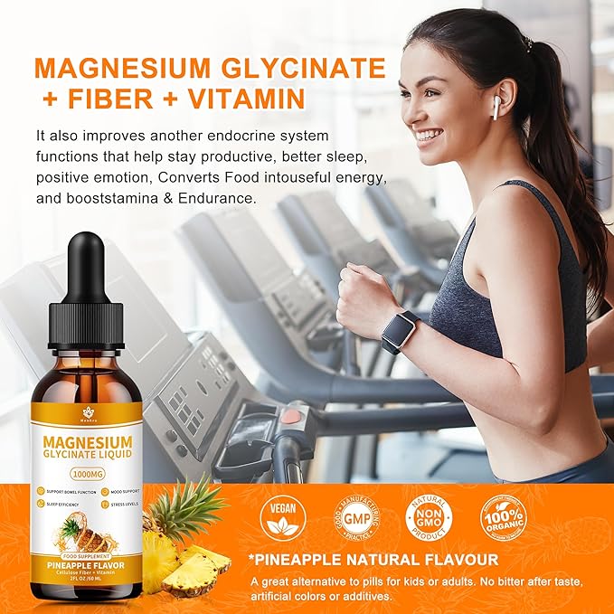 Magnesium Glycinate Liquid Drops. High Absorption Magnesium Liquid Supplement, with Cellulose Fiber, Vitamin B6, C, D, Zinc,for Sleep, Nerve, Energy, Muscle, Bone, Calm & Digestion, 2 Fl oz