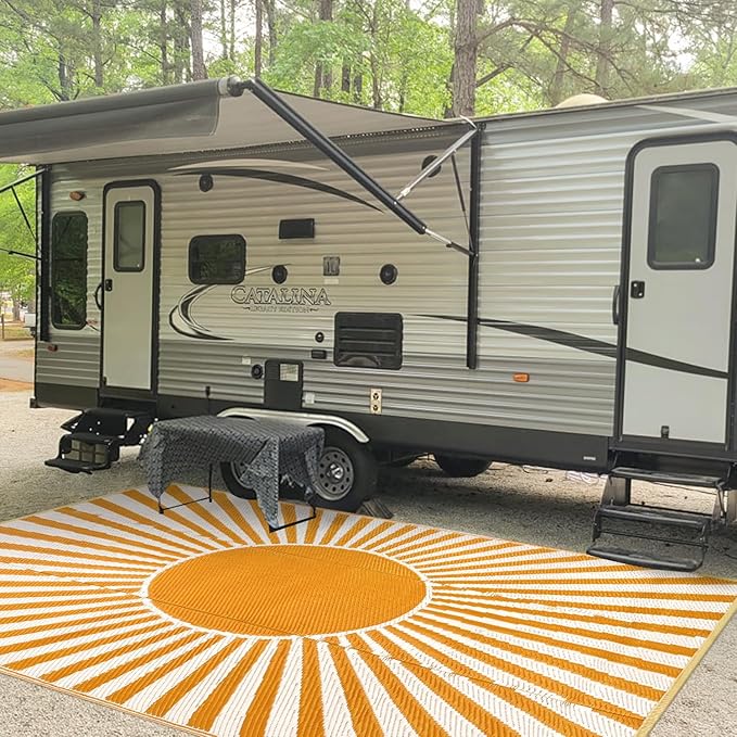 Anidaroel 9x18ft Reversible RV Outdoor Rugs for Camping, Waterproof Patio Rugs Outdoor Clearance, Outdoor Plastic Straw Outside Area Rugs Camping, Pool Deck, Backyard, Picnic(Orange,9‘x18')