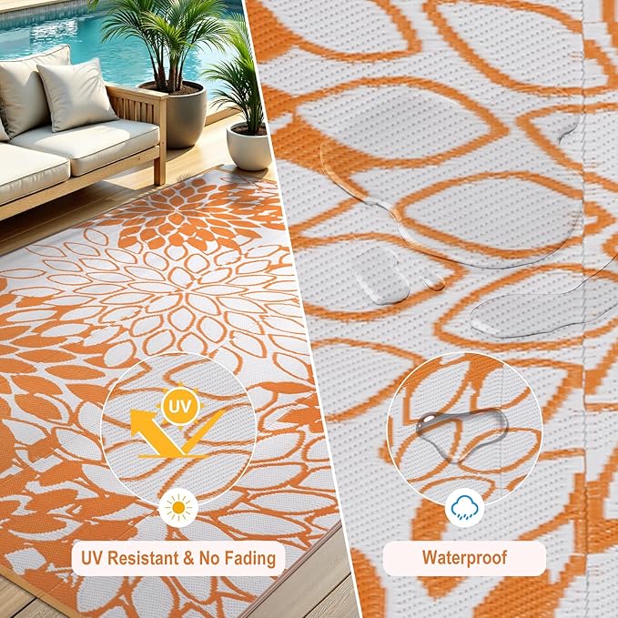 Anidaroel Outdoor Rugs 8x10ft for Patios Clearance Waterproof, Reversible Tropical Plastic Straw Camping Mat Outside Rug, Large Outdoor Area Rug for RV, Deck, Balcony, Picnic(Orange,8'x10')
