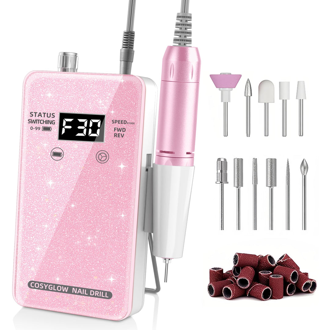 Professional Electric Nail Drill File:COSYGLOW Glitter Portable Cordless E-File Nail Drill Kit with 11 Nail Drill Bits,30000 RPM Rechargeable Nail Drill Machine for Acrylic Nails Gel Polishing(Pink)