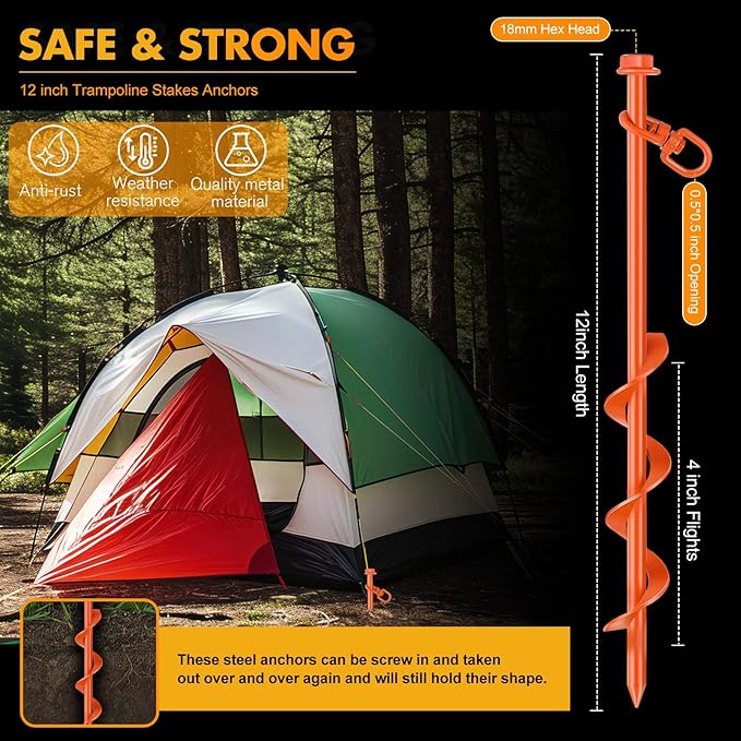 Zhengmy 12 Pcs Ground Anchors Screw in, 12 Inch Heavy Duty Tent Stakes with Trampoline Anchor Hook Ground Stakes for Camping Tent Canopies Ports Sheds Swing Sets Securing Animals (Orange)