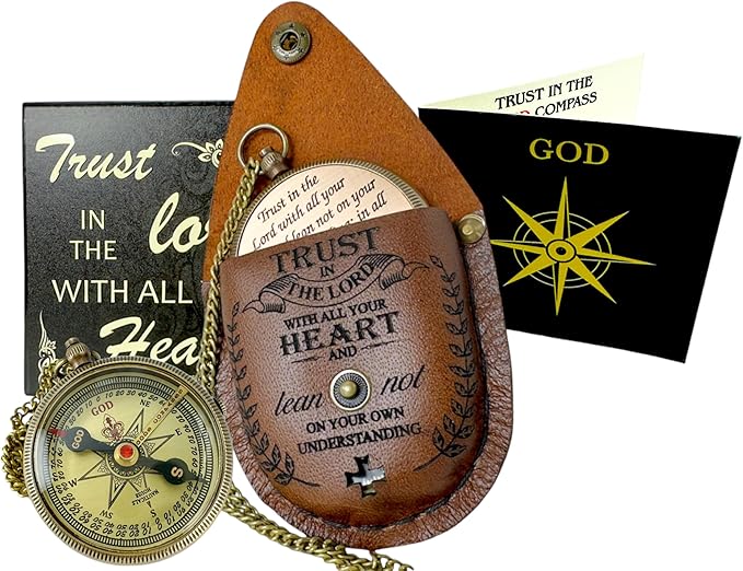 Bible Verse Brass Compass – “Trust in The Lord with All Your Heart” (Proverbs 3:5-6) | Religious Gifts for Men, Women, Boys, Girls, Teens | Daily Encouragement, Easter, Baptism, Faith-Based Keepsake