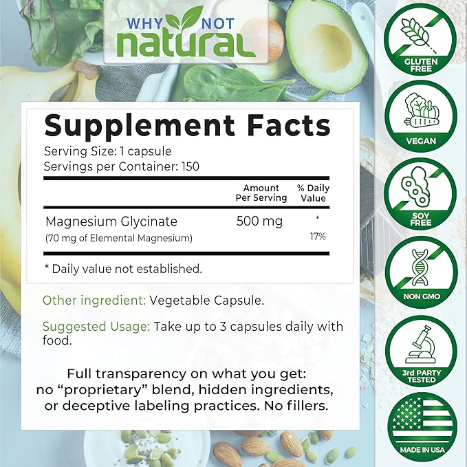Why Not Natural Magnesium Glycinate 500 mg Capsules Supplement - Vegan, 100% Pure, No Filler - Supports Sleep and Relaxation