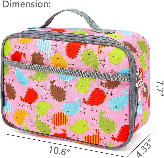FlowFly Kids Lunch box Insulated Soft Bag Mini Cooler Back to School Thermal Meal Tote Kit for Girls, Boys, Bird