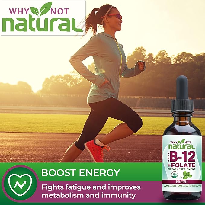 Why Not Natural Vitamin B12 Liquid Plus Folate - Organic Sublingual Extra Strength Vegan Drops - Methyl Supplement with Folinic