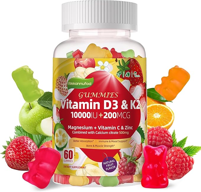 Sugar-Free Vitamin D3 K2 Gummies with Calcium + K2 (MK-7), Magnesium Citrate, Vitamin C, Extra Strength - Ultimate Absorption for Bone Muscle Teeth Immune, Vegan - 60 Gummies
