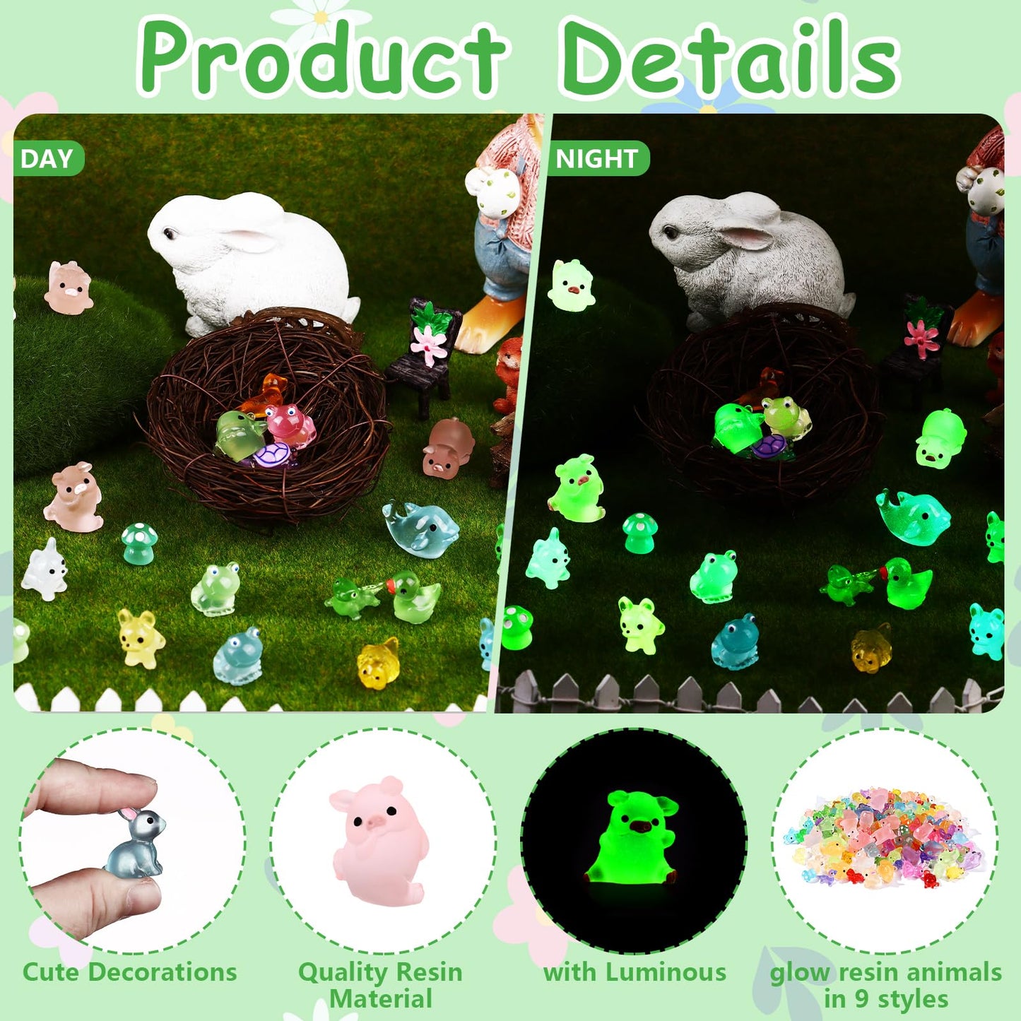150 Pcs Mini Resin Animals Luminous Mini Animals Luminous Mini Resin Animals Glow in The Dark Figurines Mini Ducks Frogs Rabbits Turtle Lizard Tiny Toy Animal for Landscape Garden Dollhouse Decoration