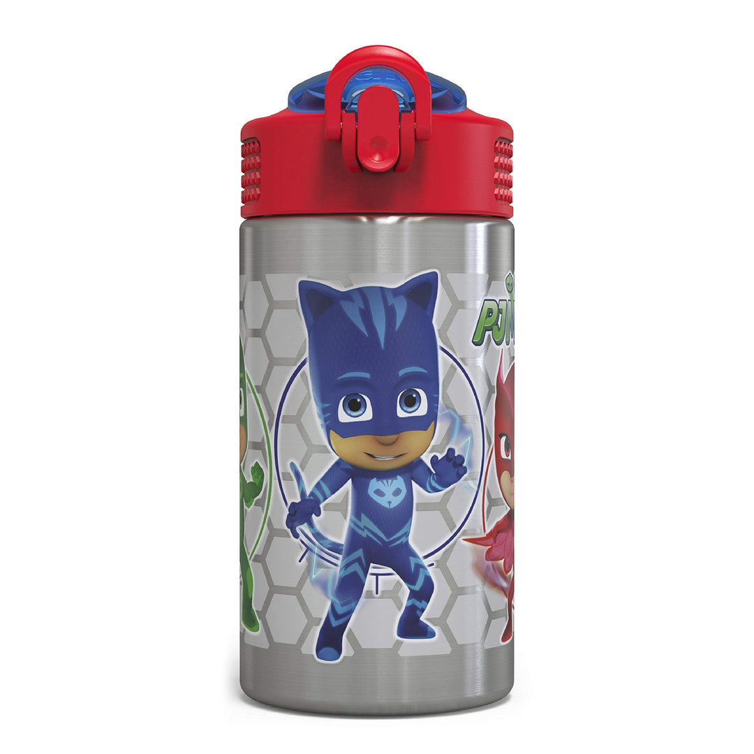 Zak Designs PJ Masks 15.5oz Stainless Steel Kids Water Bottle with Flip-up Straw Spout - BPA Free Durable Design, PJ Masks SS, Catboy, Owlette & Gekko, Single Wall