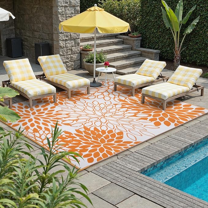 Anidaroel Outdoor Rugs 6x9ft for Patios Clearance Waterproof, Reversible Tropical Plastic Straw Camping Mat Outside Rug, Large Outdoor Area Rug for RV, Porch, Deck, Balcony, Picnic(Orange,6'x9')