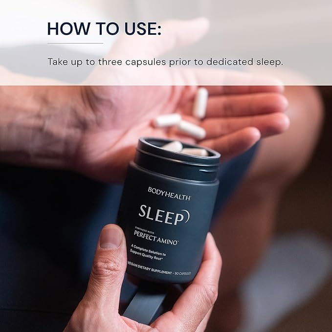 BodyHealth Sleep, Sleep Aid and Supplement for Adults with 3 mg Melatonin, Non-Habit Forming Pills Enhanced with PerfectAmino - 90 Capsules