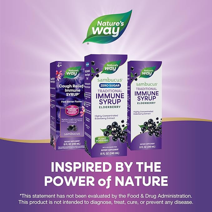 Nature’s Way Sambucus Zero Sugar Traditional Immune Syrup, Highly Concentrated Black Elderberry Extract, Traditional Immune Support*, Sugar-Free, Berry Flavored, 8 Fl Oz (Packaging May Vary)
