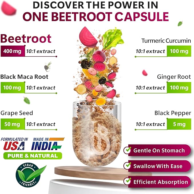 6in1 Beet Root Capsules with Maca Root, Grape Seed, Ginger, Turmeric and Black Pepper for Heart Health & Immune Support - 100 Vegan Capsules