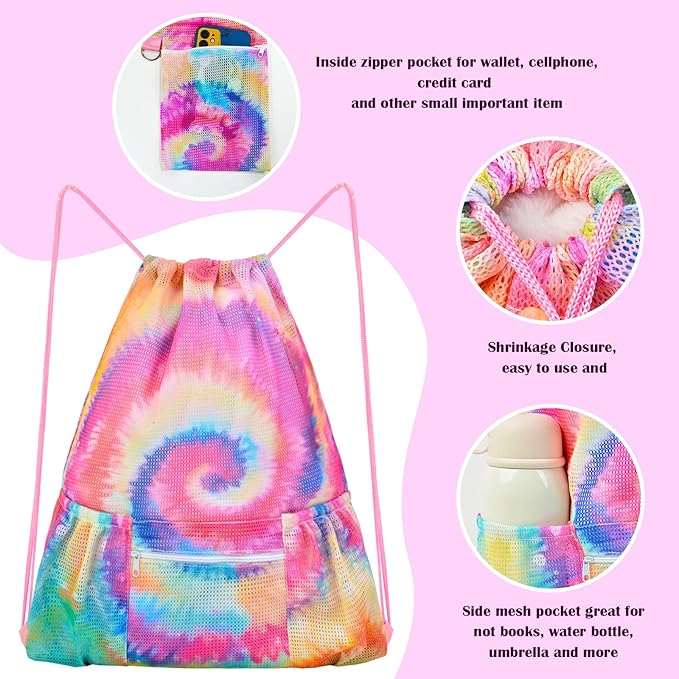 Fiodrimy Mesh Drawstring Backpack Bag Beach Bag with Zipper Pocket Gym Backpack Bag for Swimming Gear Gym Storage Bag for Adult Kids (Tie Dye)