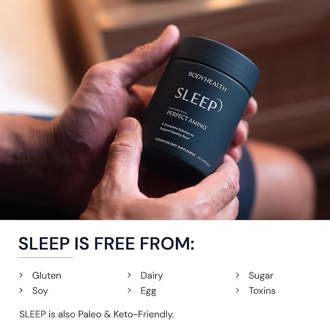 BodyHealth Sleep, Sleep Aid and Supplement for Adults with 3 mg Melatonin, Non-Habit Forming Pills Enhanced with PerfectAmino - 90 Capsules