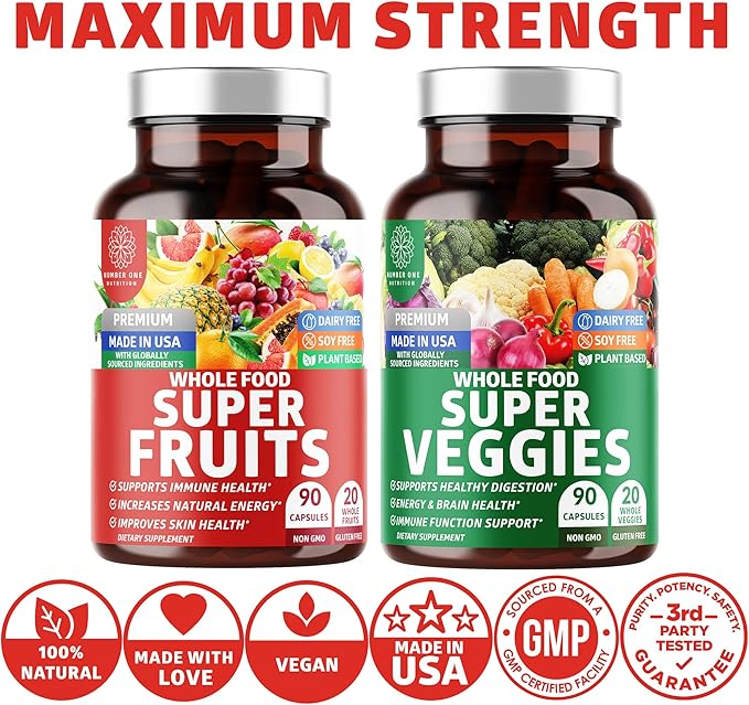N1N Premium Super Fruits & Veggies Supplement, 180 Caps, Whole Food & Natural Superfood for Women, Men & Kids - Packed with Aloe Vera, Vitamins & Minerals